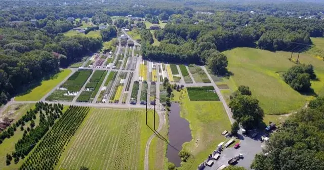 Tidbury Creek Farms & Nursery aerial view of farm fields and buildings.