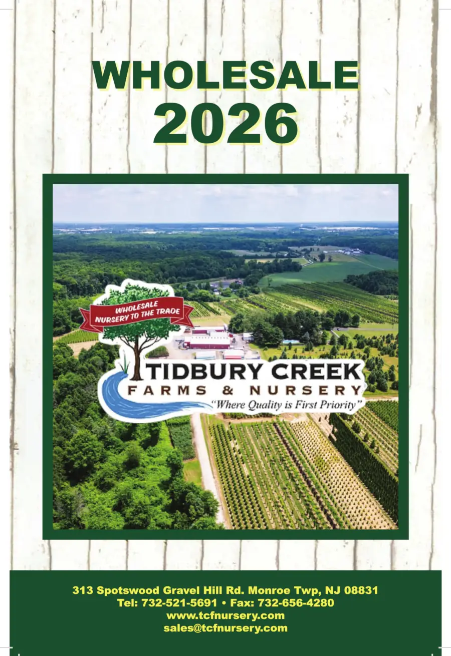 Aerial view of Tidbury Creek Farms & Nursery displaying lush green fields and an expansive landscape. Text reads "Wholesale 2026" with contact details below.