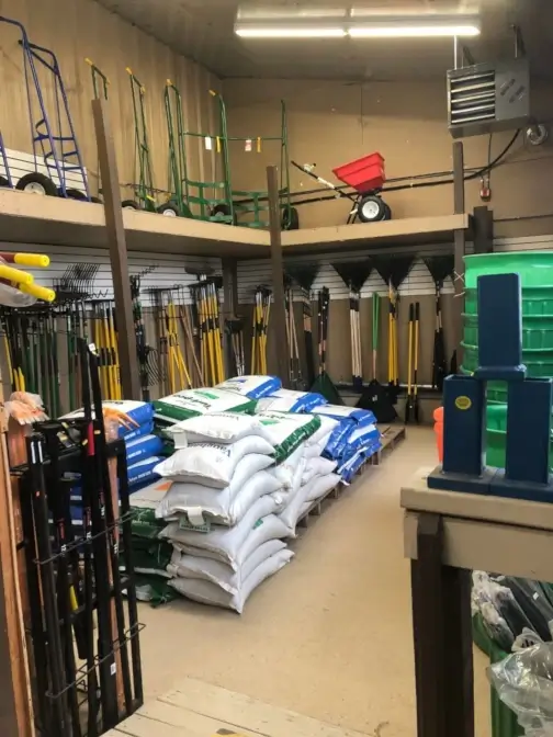 Garden supplies and tools in storage room